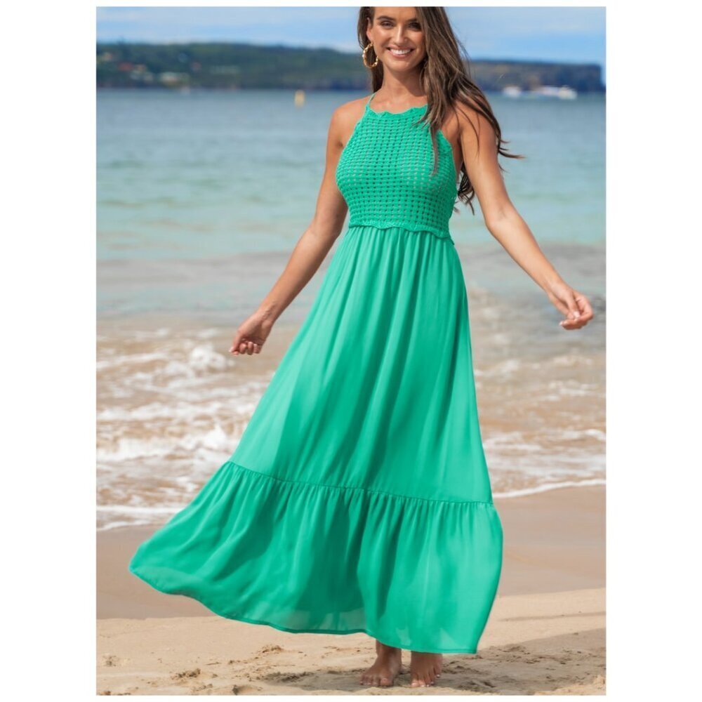 NWT Cupshe Women's Kelly Green Crochet Backless Lace-Up Maxi Dress Size Large - Picture 2 of 14